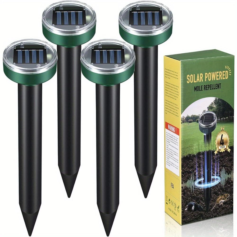 TEMU 4 Pack Solar Powered Gopher Repellent Ultrasonic Solar Powered Mole Deterrent Stakes Groundhog Repellent For Yard Garden Lawn