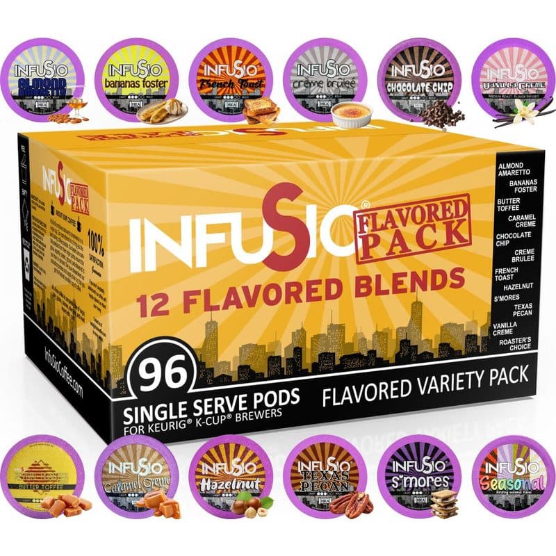 TEMU Infusio Flavored Coffee Pods Variety Pack – 96 Count, 12 Gourmet Medium Roast Dessert-inspired Blends Like Bananas Foster & Crème Brûlée, Compatible With Keurig K-cup 2.0 Brewers