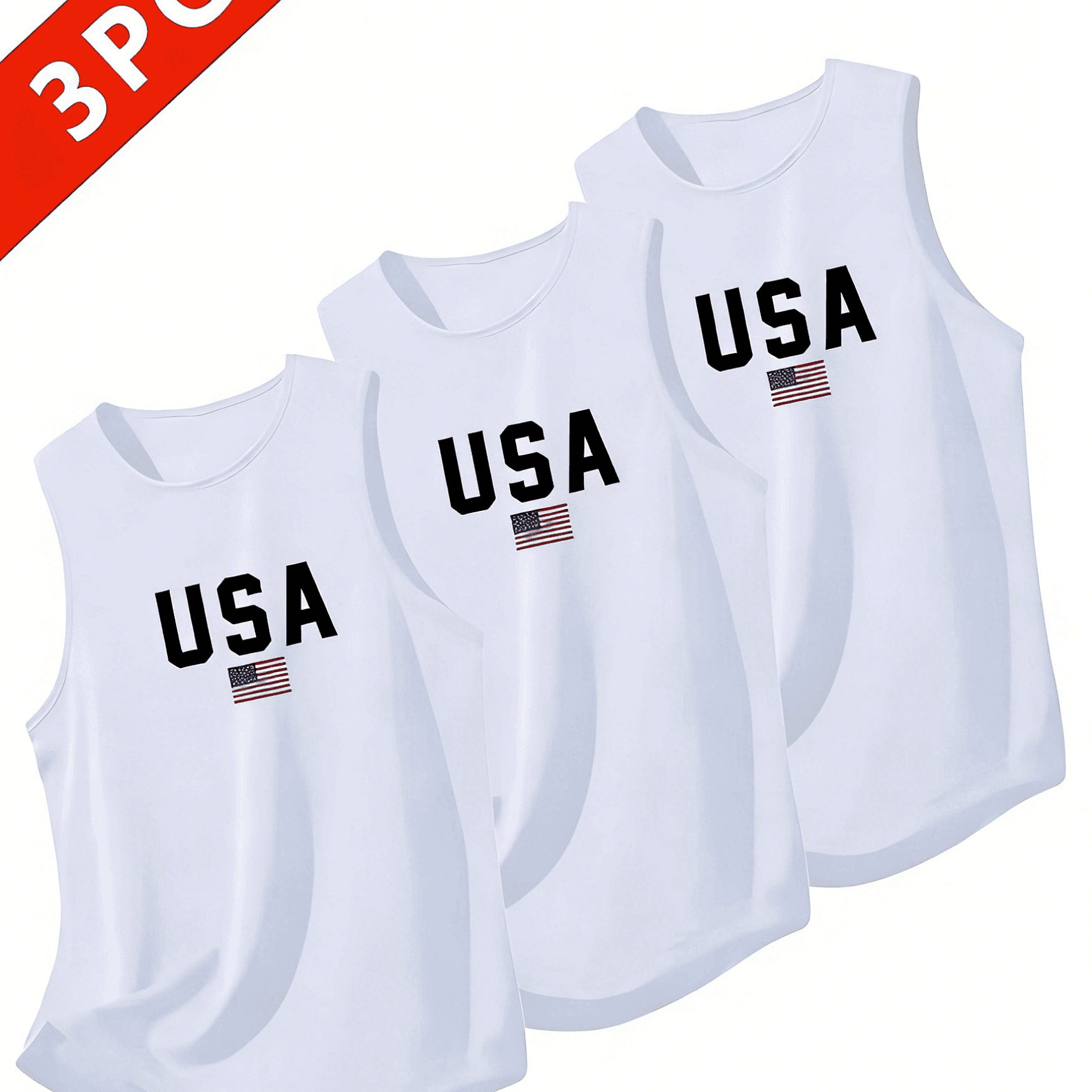 TEMU 3 Pieces Of Summer Men's Heavy Cotton Breathable Vests, Sleeveless Tops Suitable For Running And Training, Featuring Usa Letter Prints, In Black, White