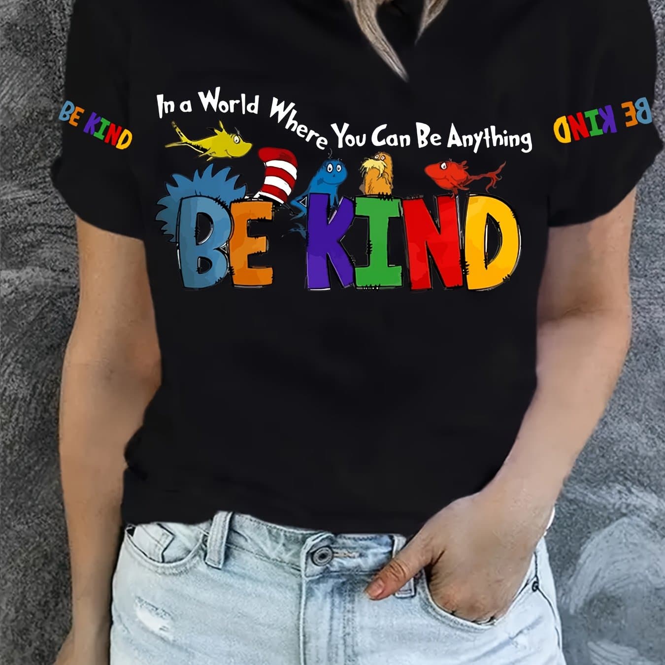 TEMU Women's Plus Size Colorful Sleeve T-shirt - Letter Print With Cute Animal & , Vibrant Round Neck Top For Spring Summer Fall, Everyday Tee, Graphic Tee, Soft Comfortable Material