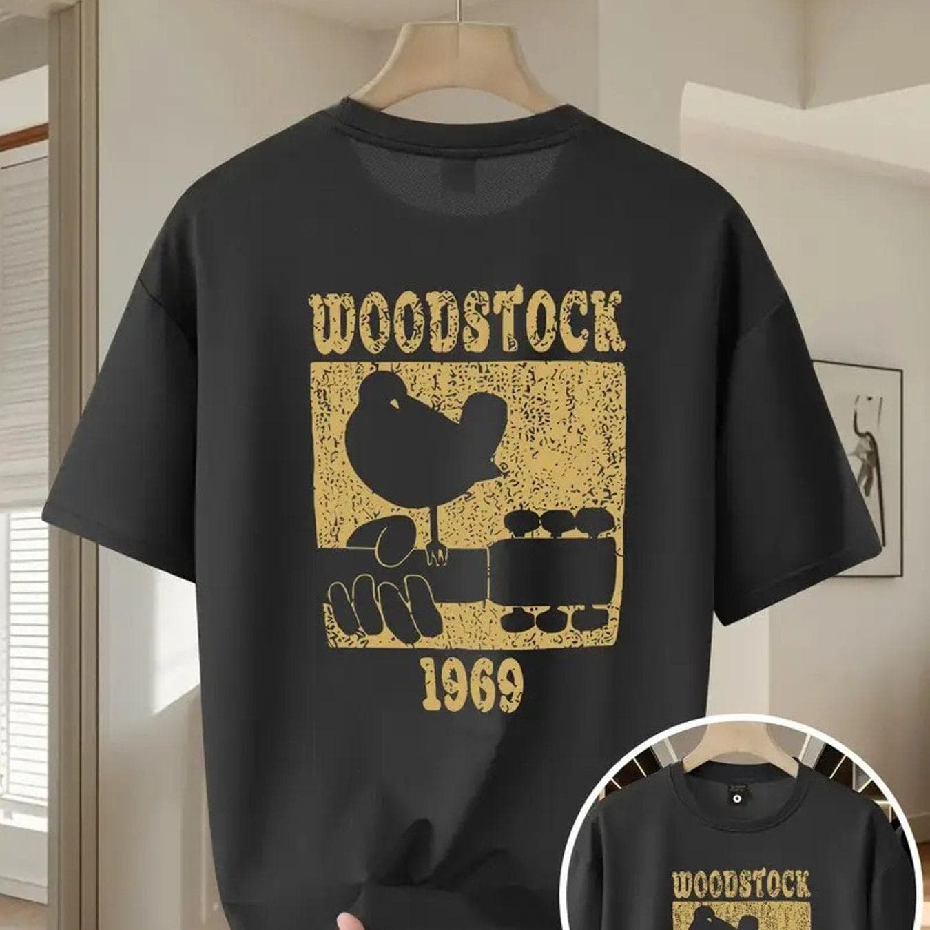 TEMU Vintage 1969 Music Festival T-shirt - Distressed Black Retro 60s Tee With Iconic Guitar & Bird Neck Design, Relaxed Fit For Concerts, Casual Wear & Festival Fans ()
