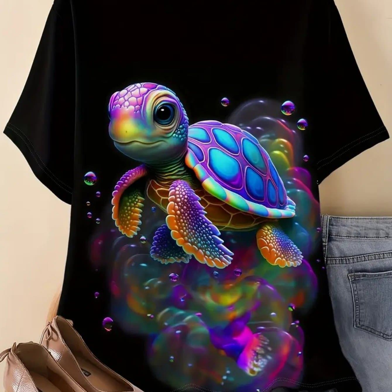 TEMU 2025 Colorful Turtle Pattern Short Sleeve T-shirt (plus Size For Women) - Breathable, Machine Washable, Suitable For All