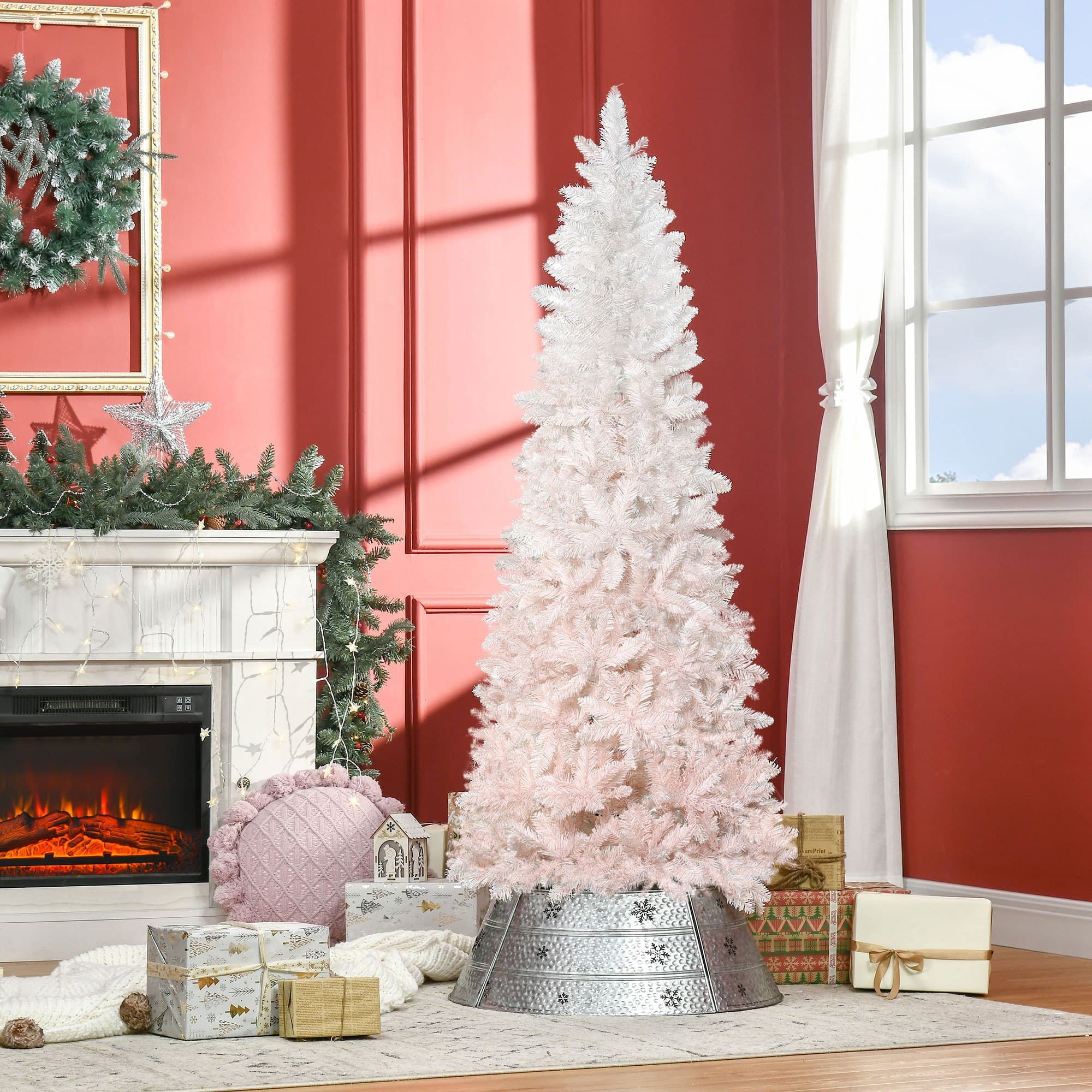 TEMU 6ft Pencil Artificial Christmas Tree With Pine Realistic Branches, Auto Open, Pink And White