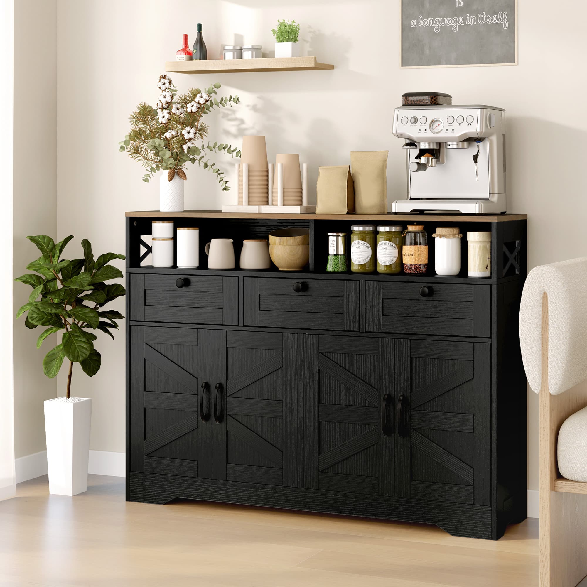 TEMU Sideboard Storage Cabinet, Farmhouse Buffet Cabinet With 4 Barn Doors And 3 Drawers, Coffee Bar Cabinet With Adjustable Shelves, Black