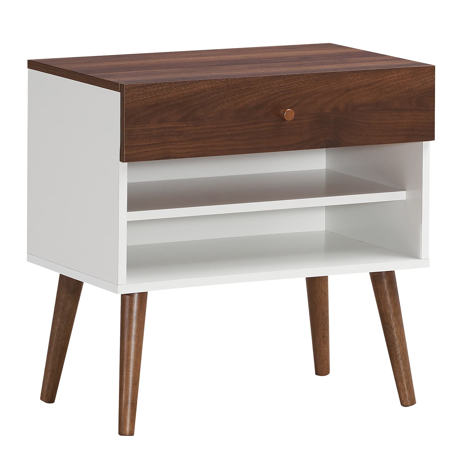 TEMU Costway Nightstand End Side Table Drawer Storage Shelf Mid-century Rubber Wood Leg