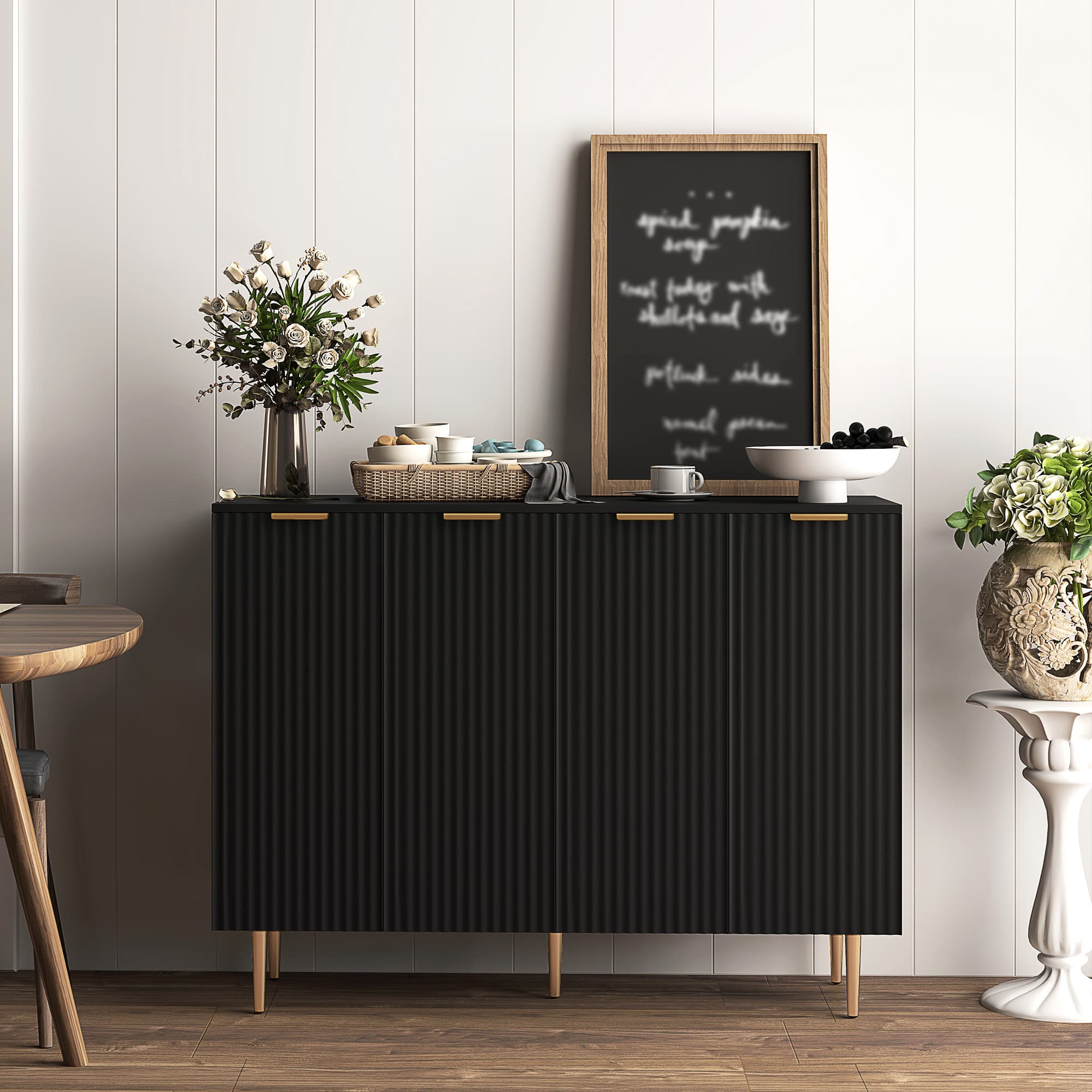 TEMU Sideboard Buffet Cabinet, Modern Kitchen Storage Cabinet With And Adjustable Shelves, Fluted Coffee Bar Cabinet With Metal Legs For Hallway, Black