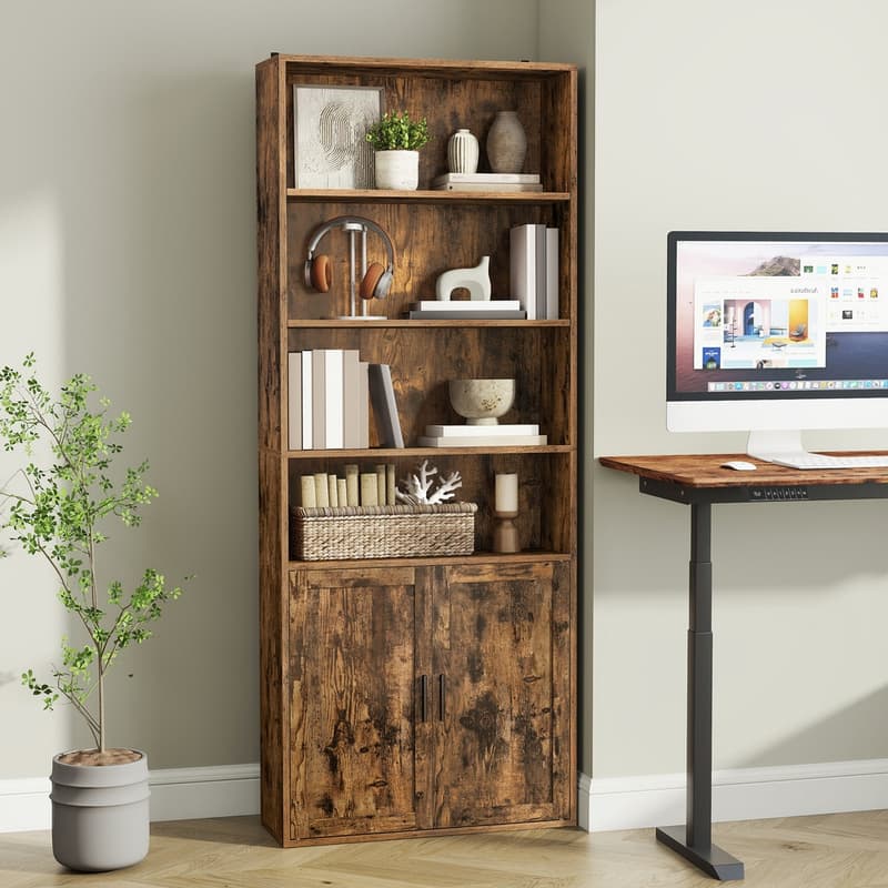 TEMU Bookcase, 6-tier Tall Bookshelf, Book Shelf With Doors, Shelving Unit, 24 X 60 X 175 Cm, For Living Room, Office, Dinning Room, Rustic Brown