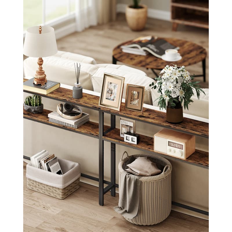 TEMU Console Table For Hallway, 2-tier Slim Sofa Table, 20 X 120 X 80 Cm, Hallway Table With 2 Shelves, For Living Room, Bedroom, Rustic Brown And Ink Black thumbnail 2