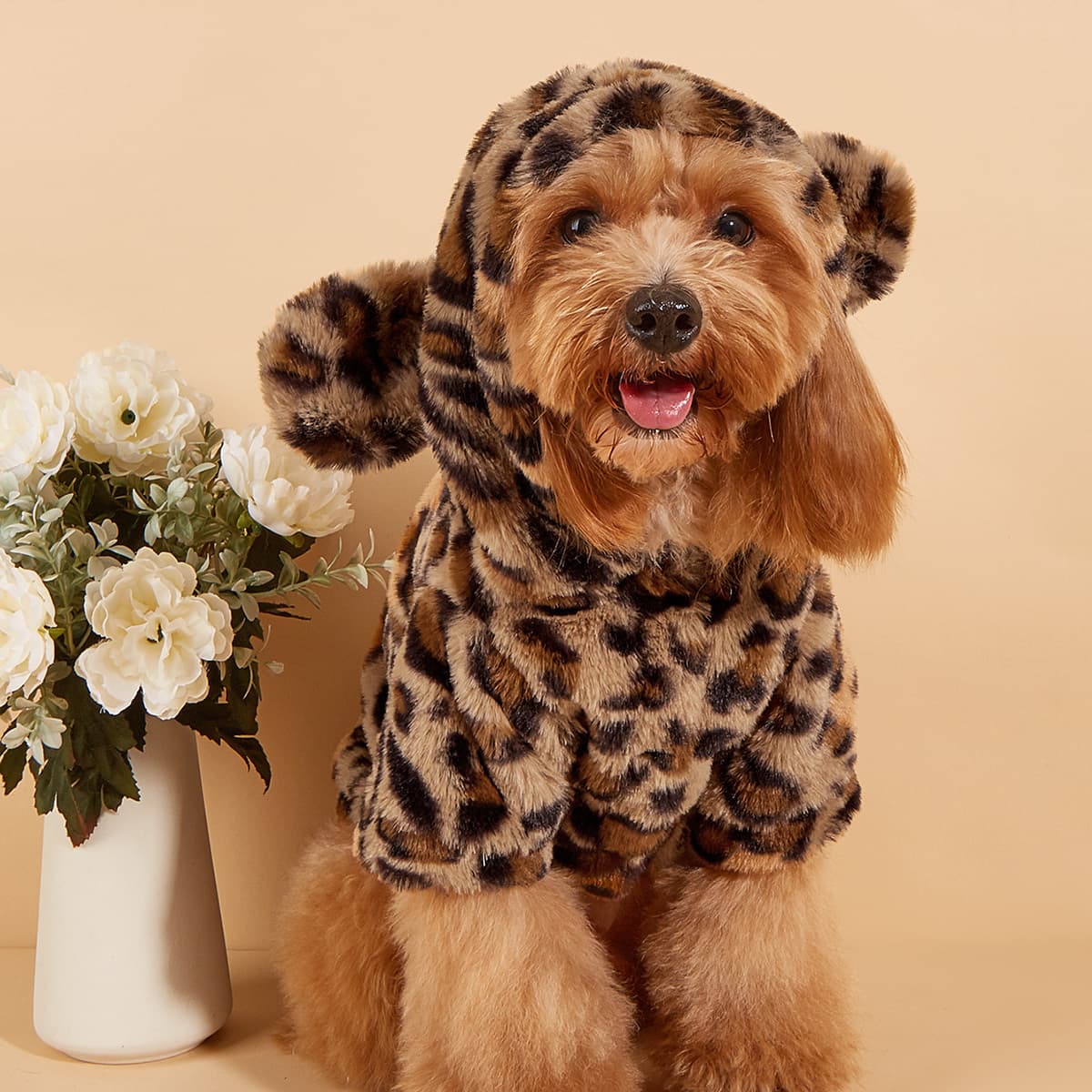 TEMU Cozy Winter Plush Leopard Print Pet Sweater For Small/medium - 100% Polyester Knit Pullover With Hood, Warm Soft Coat For Cold Weather