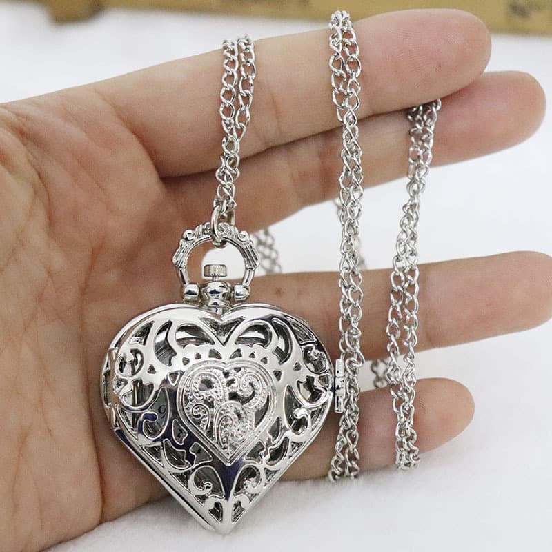 TEMU Retro Hollow Pocket Watch Necklace In A Heart Shape, Silvery-colored, Perfect As A Creative Gift For Ladies And A Stylish Accessory For Sweaters