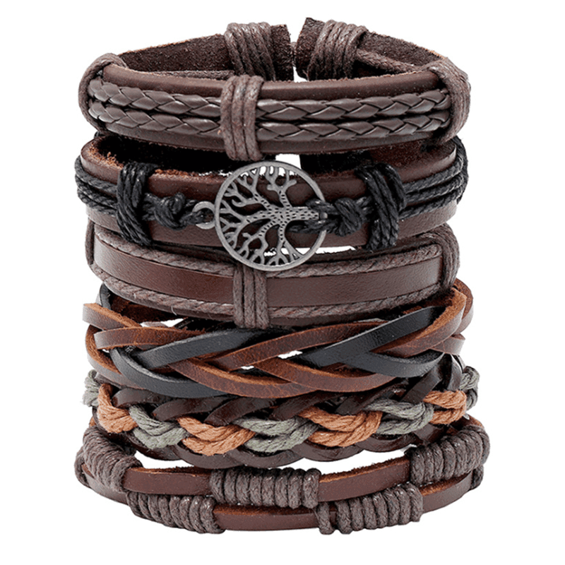 TEMU 6pcs Funky Vintage Men's Alloy Life Tree Faux Leather Braided Bracelets | Ancient Golden Plated, Faux Leather, Ideal For Party, Sports, And Holidays