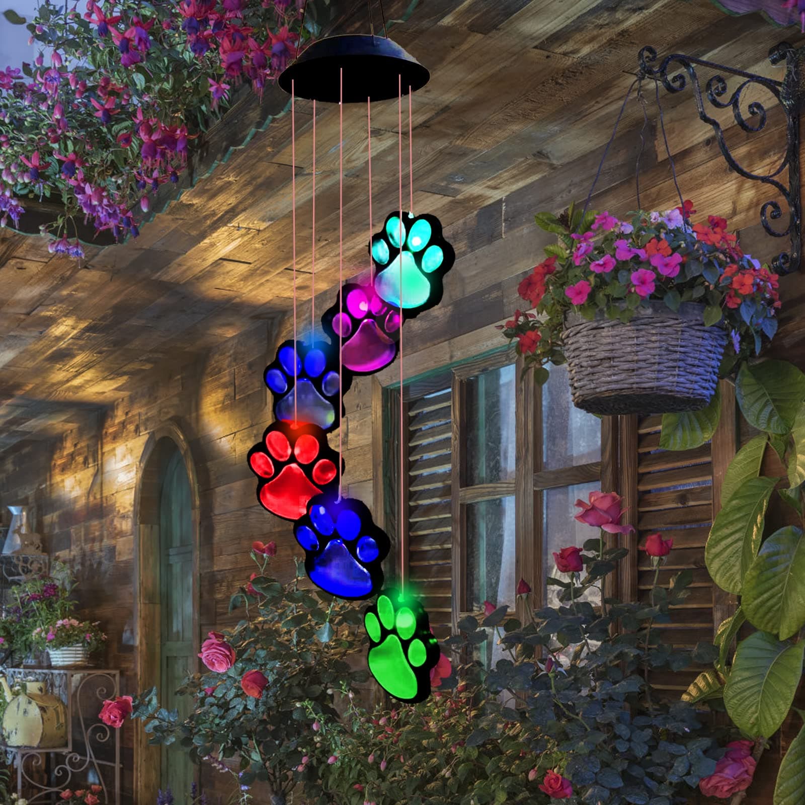 TEMU 1pc, Paw Print Solar Wind Chimes For Outside, Dogs Cat Print Remembrance Wind Chimes, Color Changing Solar Hanging Lights, Sympathy Gift For , Balcony, Patio, Yard Decor