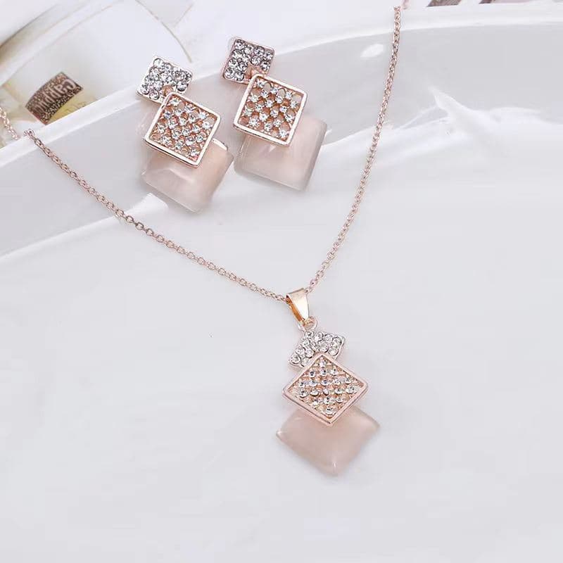 TEMU Ladies' Rhombus Pendant Necklace And Stud Earrings Set | Rose Golden Plated, , Suitable For Daily And Party Occasions, Ideal For Wedding, Anniversary, Birthday Gifts