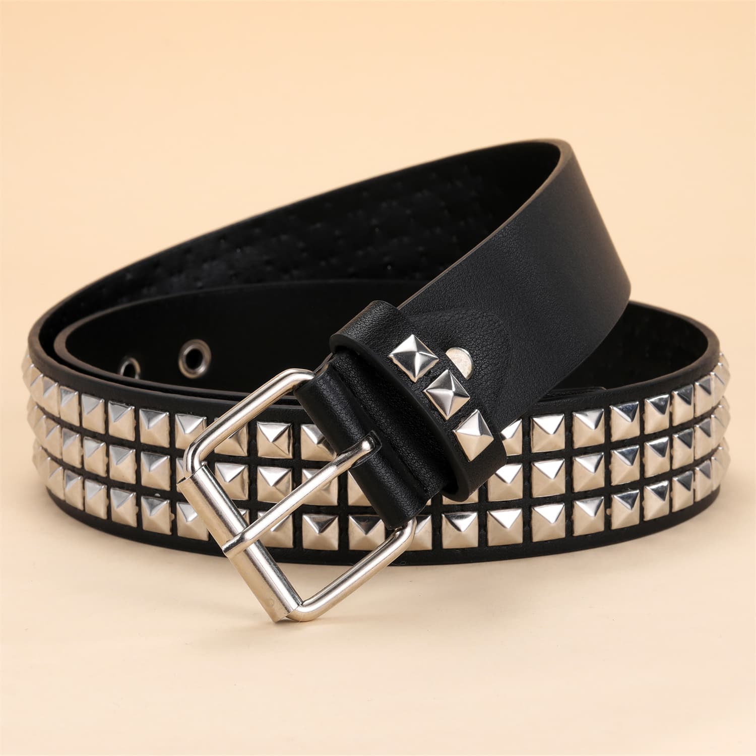 TEMU Black Studded Belt Punk Rock Rivet Belt Grommet Threads Belt With Bright Metal Pyramid For Women Men