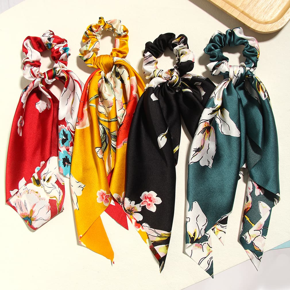 TEMU 4pcs Floral Print Hair Scrunchies Vintage Ribbon Hair Ties