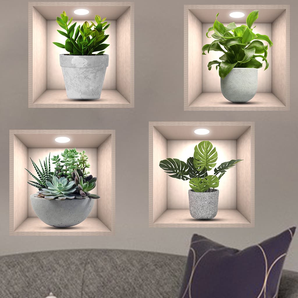 TEMU 4 Decorative Frosted Stickers Featuring Potted Plants, Made Of Pvc, Suitable For Living Room And Bedroom Wall Decor, Self-adhesive