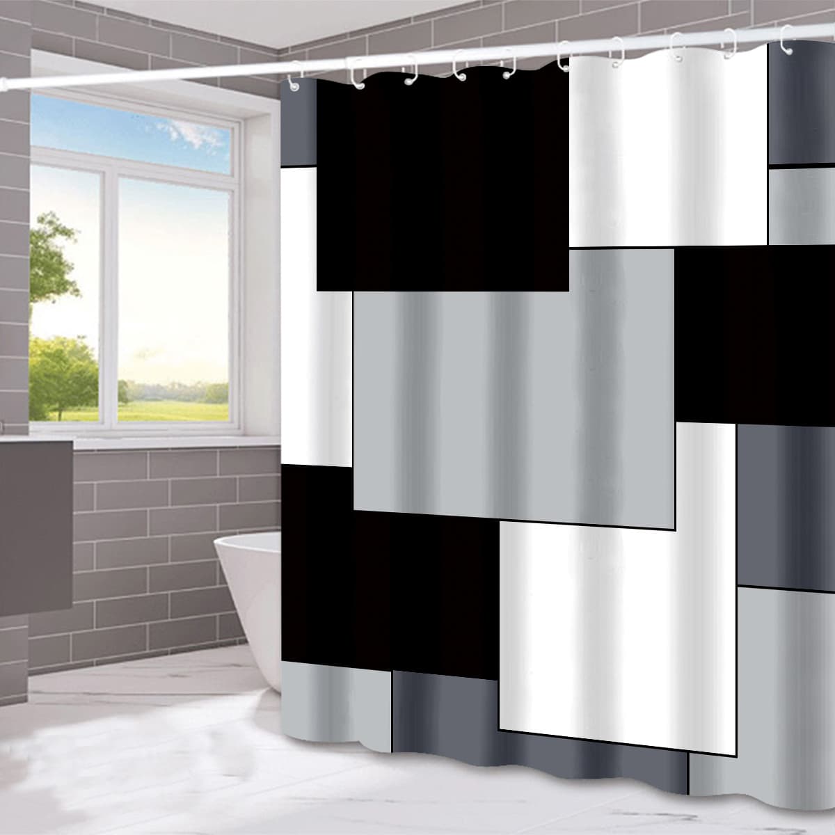 TEMU 1pc Modern Geometric Shower Curtain - Black And White With Gray Accents - 72 X 72 Inches - Adds Style And Functionality To Your Bathroom
