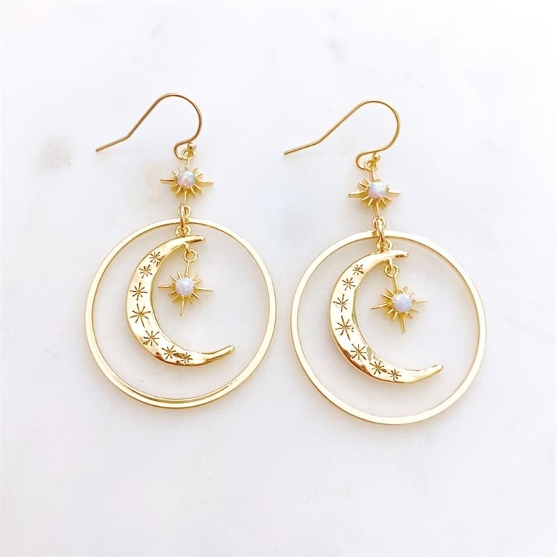 TEMU Elegant Boho-chic Golden-tone Dangle Earrings For Women - With Star , Alloy, Perfect For Daily Wear & Parties, Moon Earrings