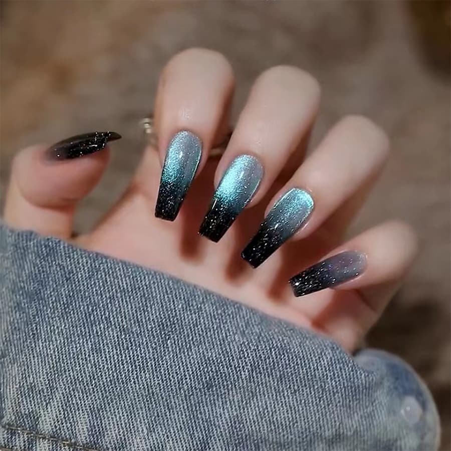 TEMU 24pcs Of Blue Black Gradient Nail Art, Handmade High-end Feel , Shiny Art, Cute And 's Eye Daily Wear, Detachable Dynamic Nail