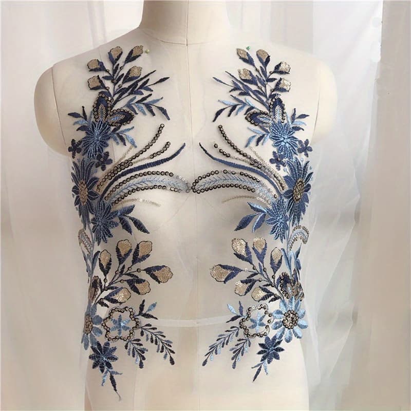 TEMU 1 Pair Blue Sequin Flower Lace Fabric Embroidered Gown Appliques Collar Mesh Sew Patches For Wedding Decoration Dress Diy