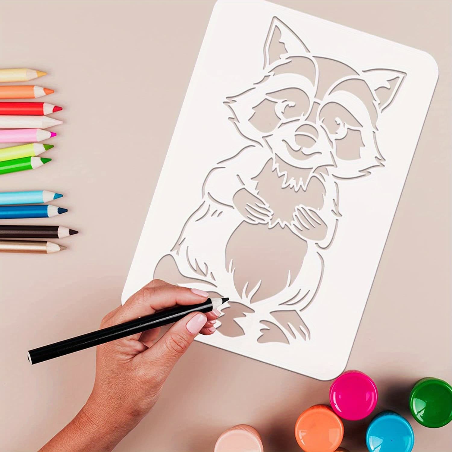 TEMU 1pc Raccoon Painting Stencil 8.3x11.7inch Reusable Raccoon Drawing Template Diy Craft Raccoon Pattern Drawing Stencil Animal Theme Stencil For Painting On Wall Wood Furniture