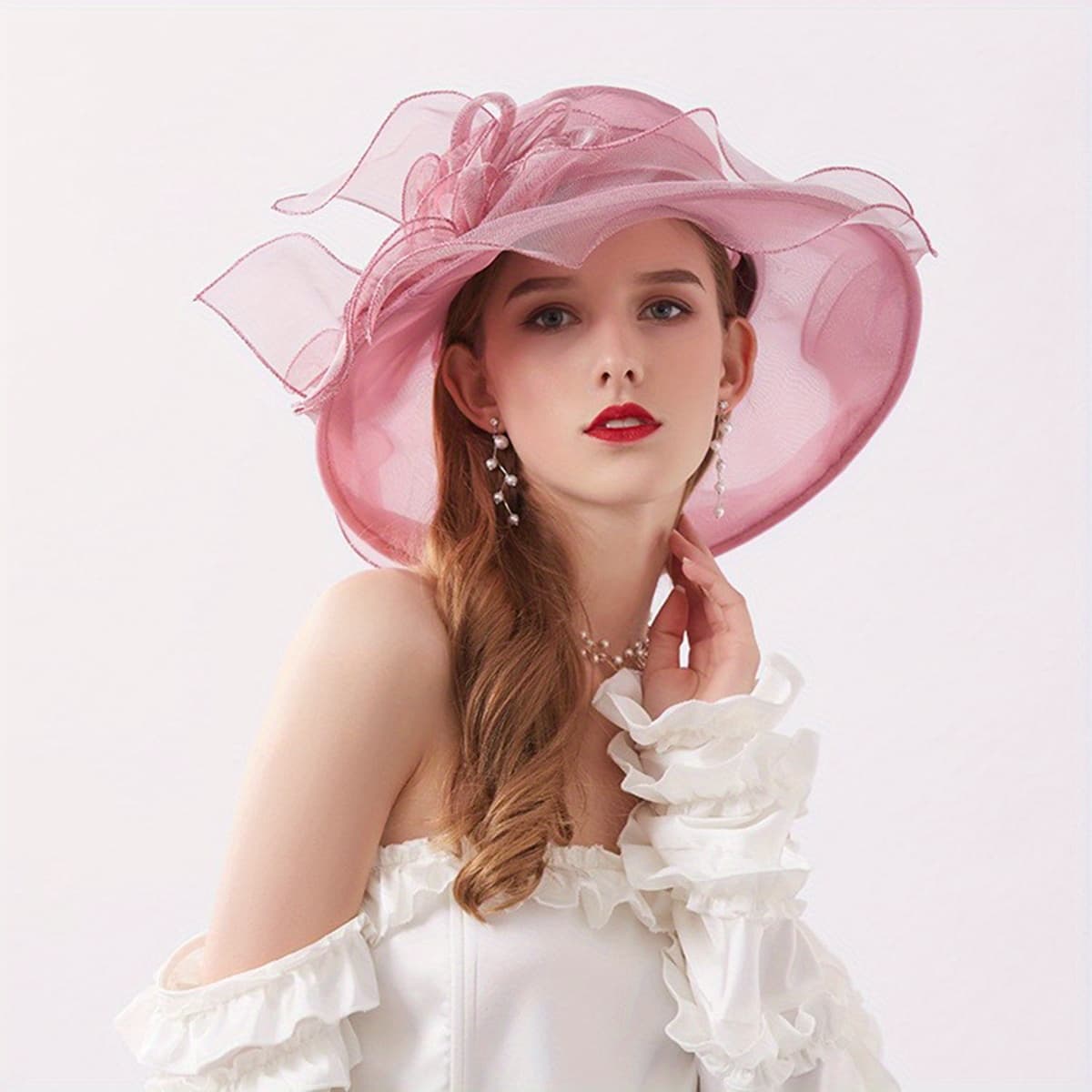TEMU Wide Brim Foldable Sun Hat Flower Decor Elegant Organza Derby Hat Lightweight Church Hat For Tea Party Wedding Summer Travel Beach Hats