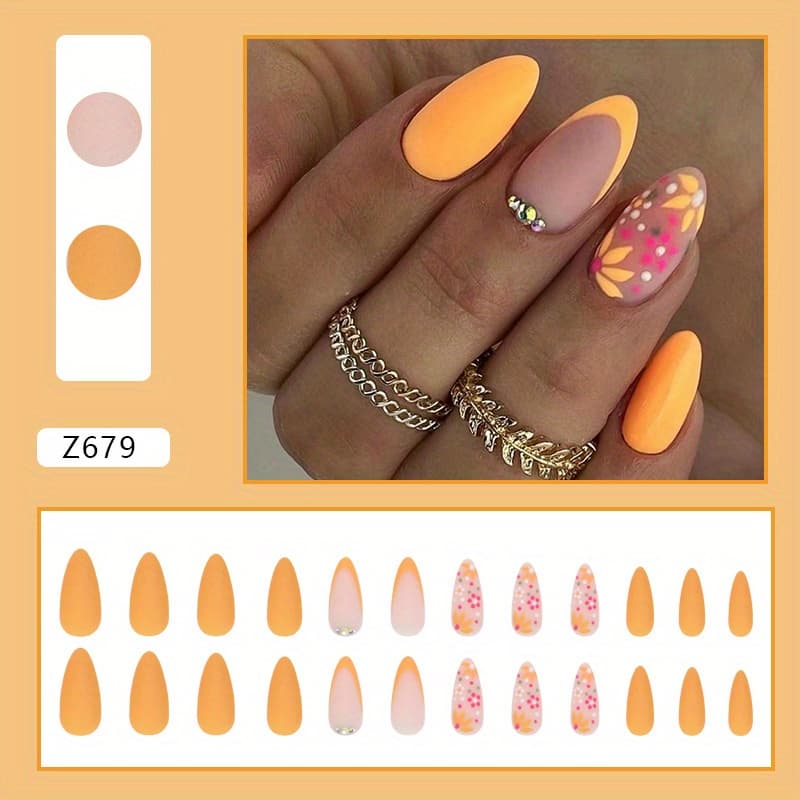 TEMU 24pcs Glossy Frosted On Nails - Medium Round Head Almond Shape Retro Flower False Nails For Women And Girls