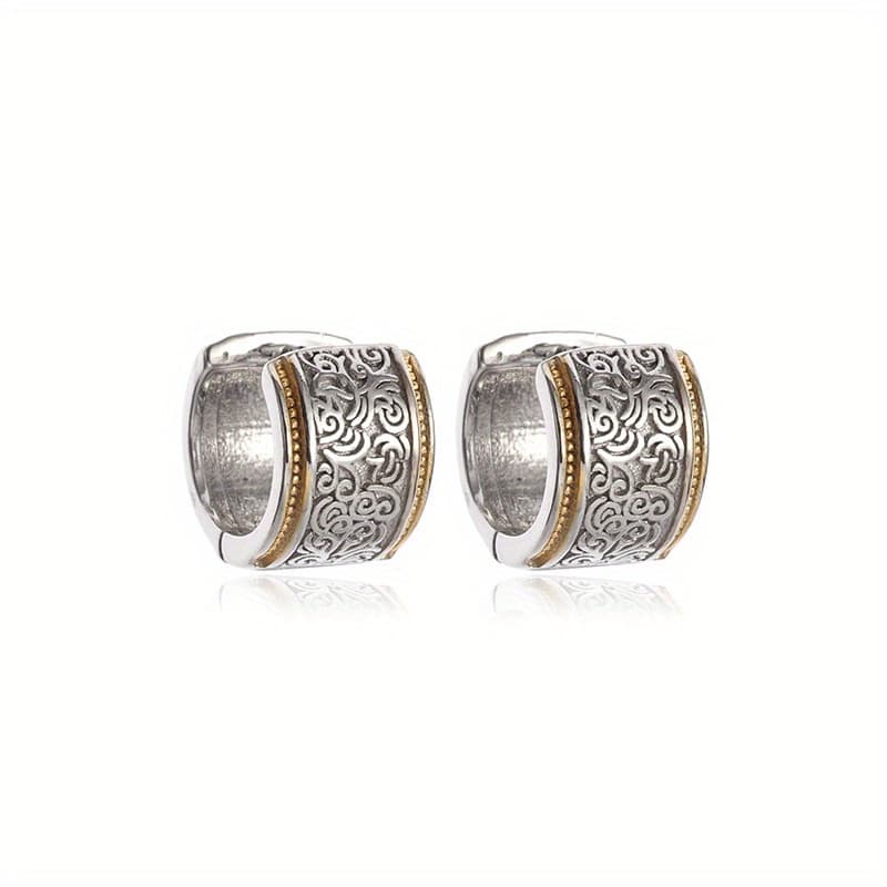 TEMU 2pcs/a Pair Retro Fashion Hoop Earrings Engraved Pattern Inlaid Golden Color Lace Earrings Are Suitable For Daily Men And Women