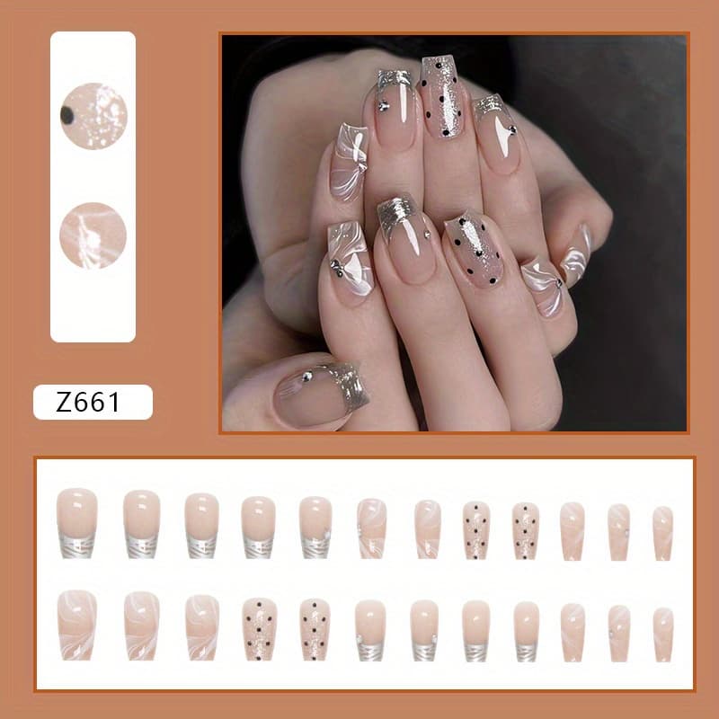 TEMU 24pcs Medium Nude Fake Nails, Rhinestone Press On Nails With Silver Glitter And Polka Dot Design, Glossy Full Cover Square Ballet False Nails For Women And Girls