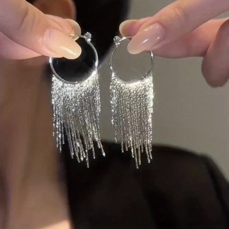 TEMU 1 Pair Of Short Video Style Japanese And Korean -bling Sparkling Chain Tassel Hoop Earrings