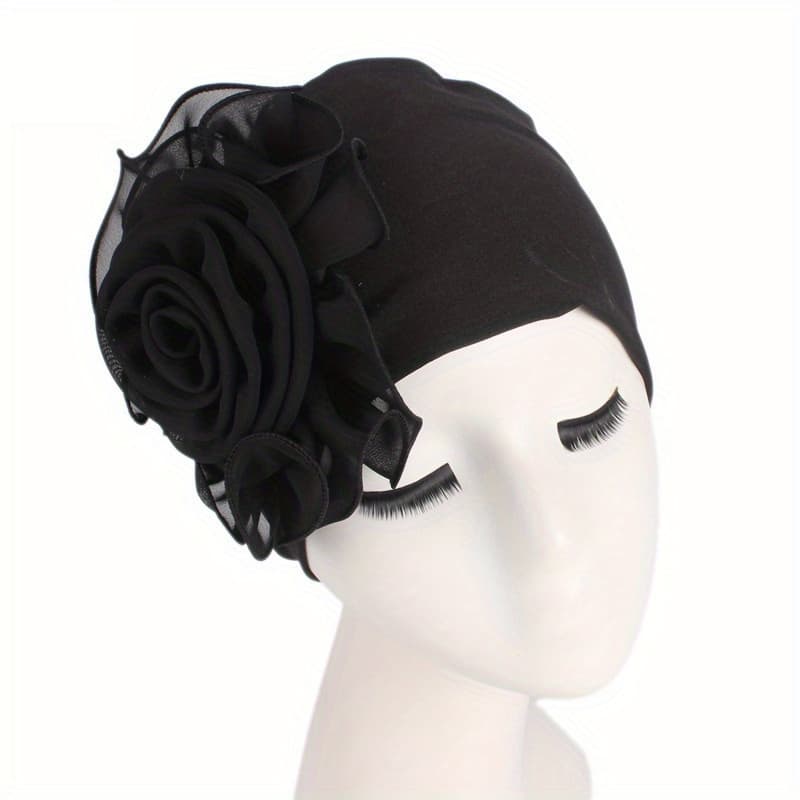 TEMU Women's Elastic Polyester Beanie With Flower Accent, Stretchy Turban Hat, Chemo , Bandana, African Head Wrap, No Feathers, King Size