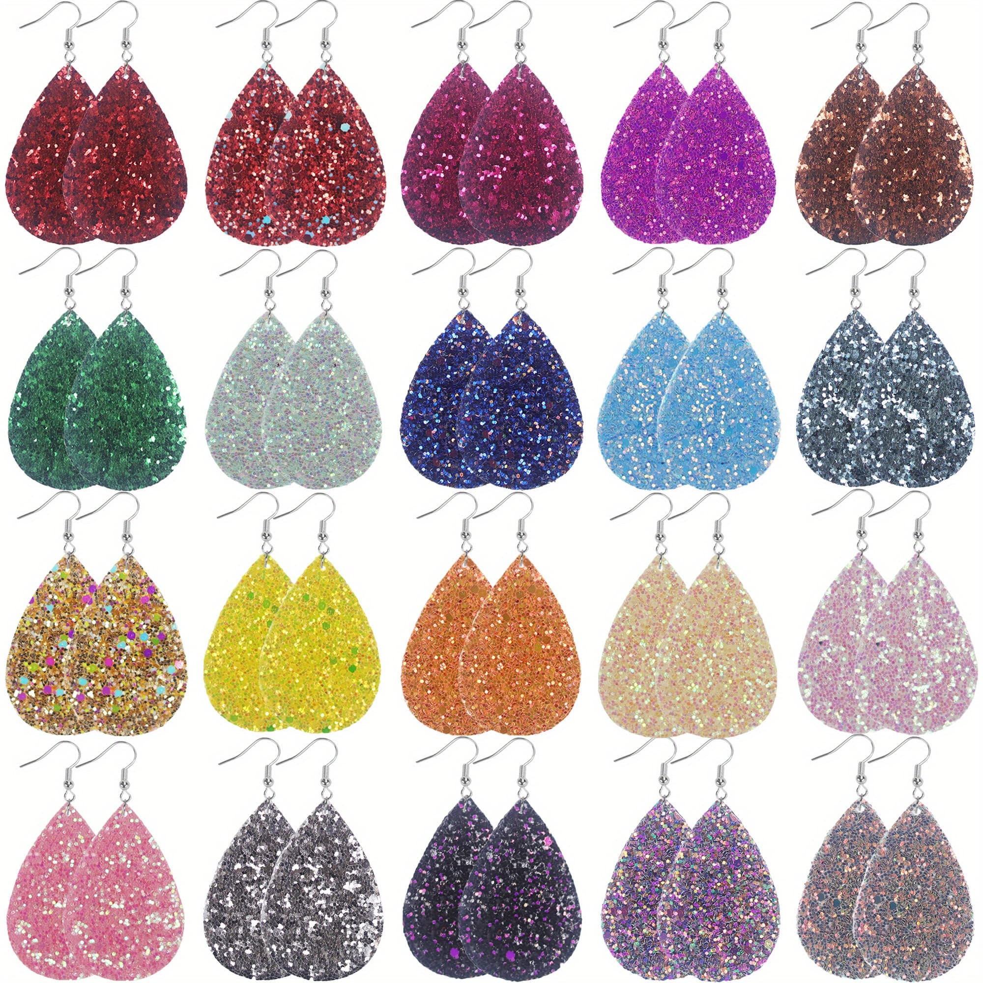 TEMU 20pcs Sparkling Sequin Teardrop Earrings For Women - Elegant Pu Leather Dangle Earrings With Shimmering Multicolor Glitter, Lightweight & For , Parties, Valentine's Day Gifts, Novelty Earrings