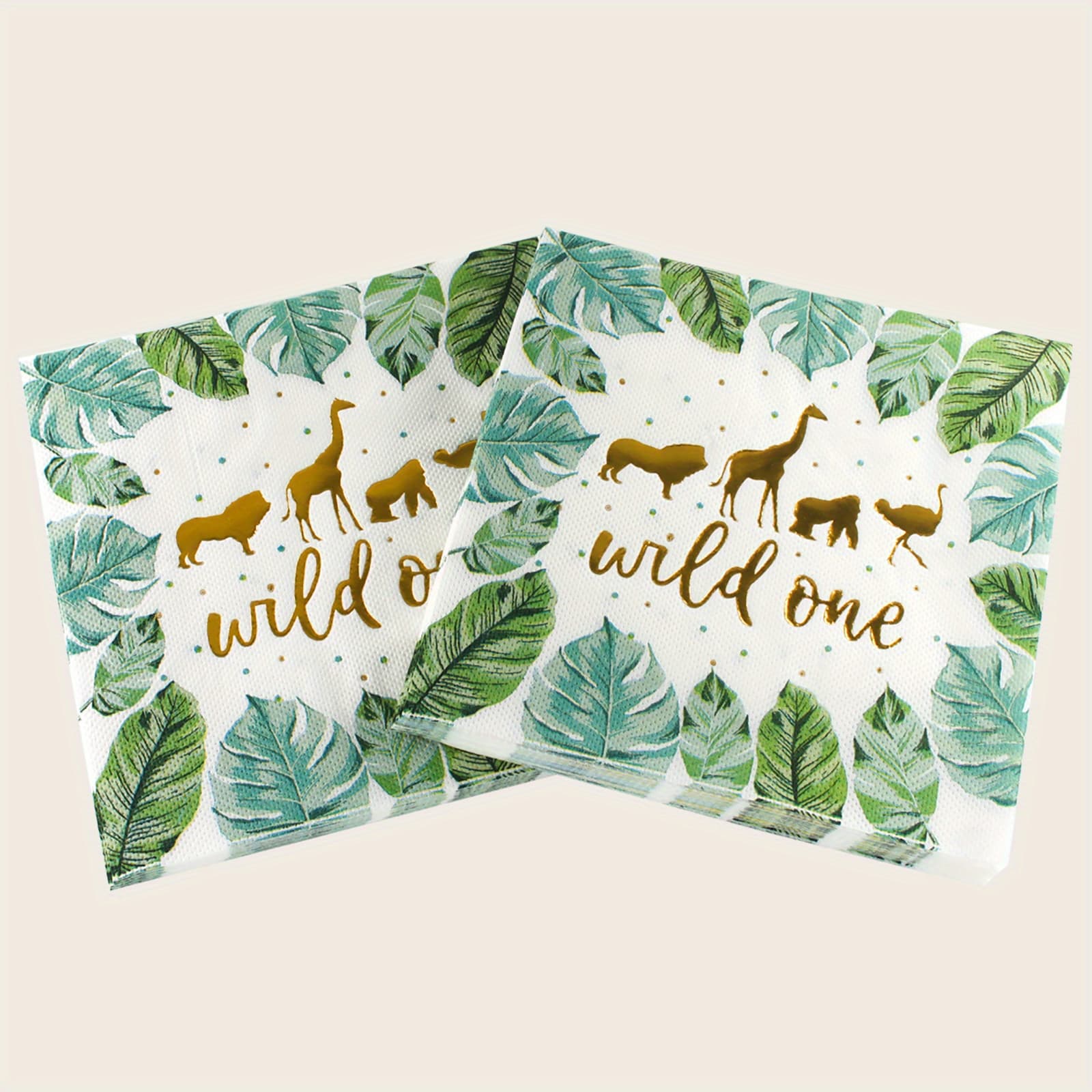 TEMU 20pcs Wild 1 Animal-themed Disposable Foil Napkins, 2-ply, 13"x13" - Party Decor With Giraffe & Leaf Designs, Birthday Celebrations & Zoo-themed Events
