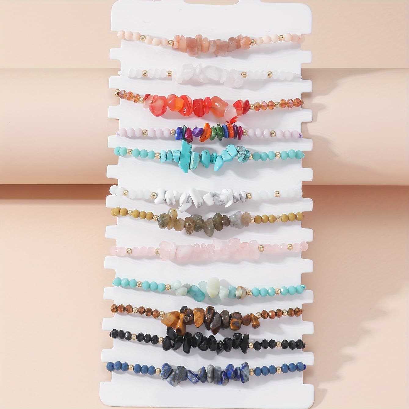 TEMU 12pcs Set Fashion Natural Stone Bead Bracelet Diy Combination Bracelet Set For Men And Women Couples, Stone Shape And Color Random