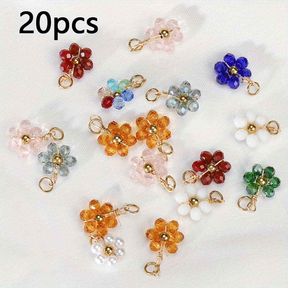 TEMU 20 Stainless Steel Flower-shaped Artificial Crystal Bead Pendants For Making, Including Earrings, Necklaces, And Bracelets.