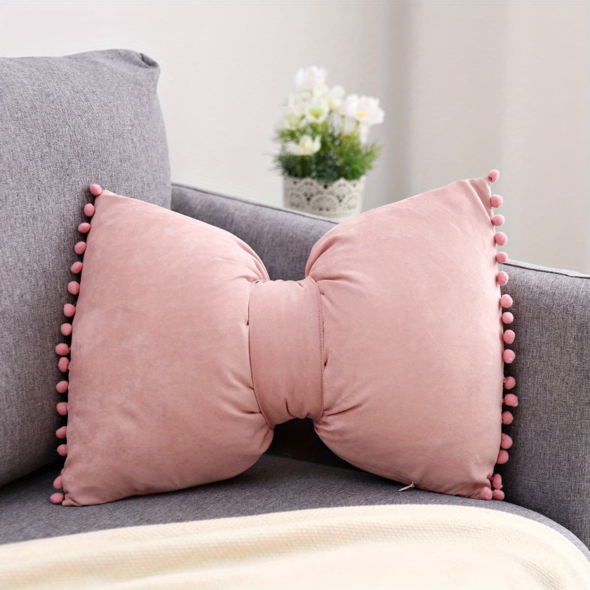 TEMU 1pc Suede Fuzzy Pom Pom Bow Throw Pillow Cover - Removable Strap, Perfect For Bedroom, Sofa, And Living Room Decor - 12x20 Inches