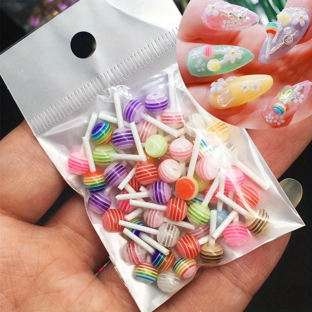 TEMU 50pcs Colorful 3d Acrylic Lollipop Nail Charms | Cute Manicure Additions For Nail Art And Crafts, Made Of Resin