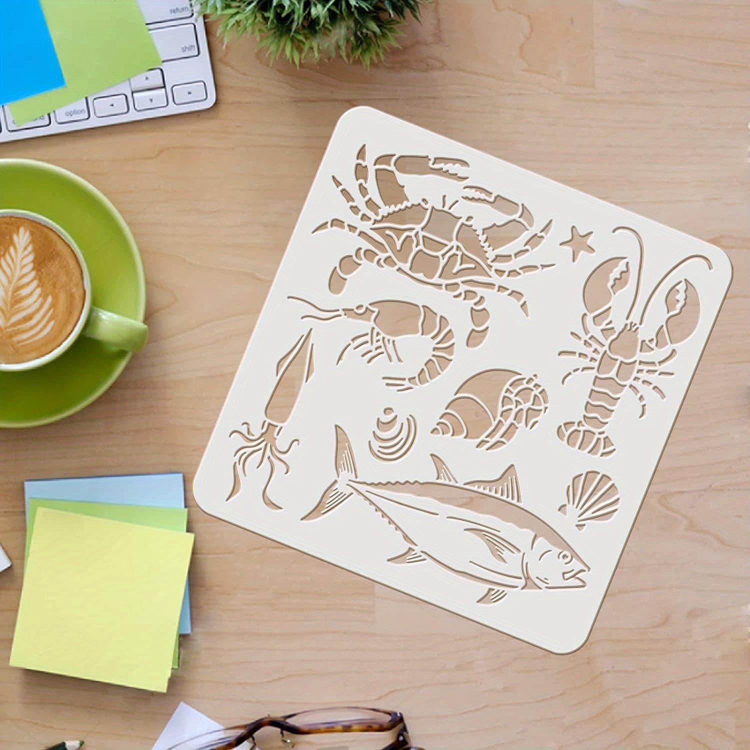 TEMU 1pc Sea Animal Stencil 11.8x11.8 Inch Fish/shrimp/crab/octopus/conch/shells Drawing Stencil Sea Creatures Stencil For Painting On Wood Tile Paper Fabric Floor Wall