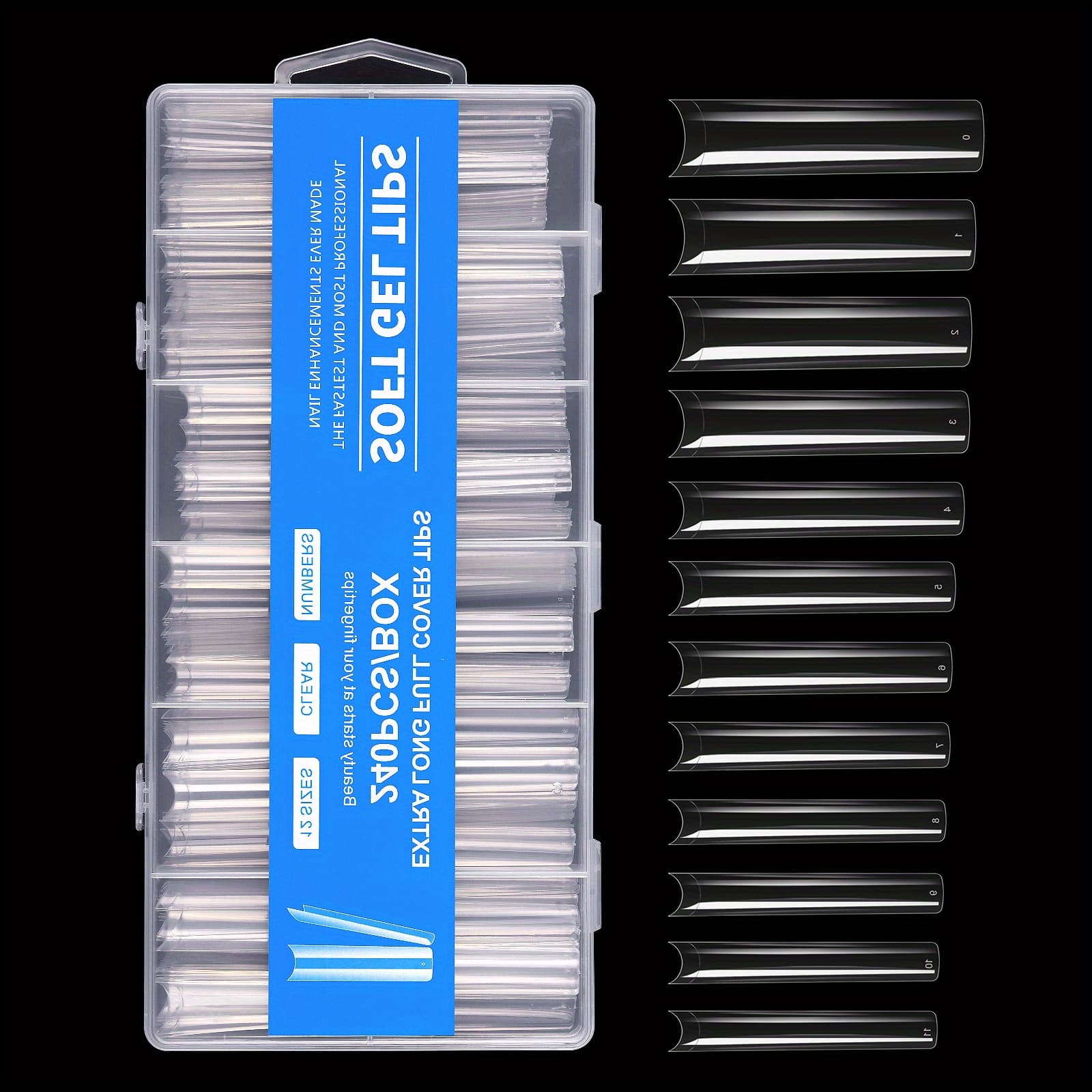 TEMU 12 Sizes Long Coffin Fake Gel Nail Tips Set, 240pcs Half Cover Acrylic Press On Nails Clear Artificial False Nails Kit, Nail Tips For Acrylic Nail/dip Powder Nails/gel Nail Art