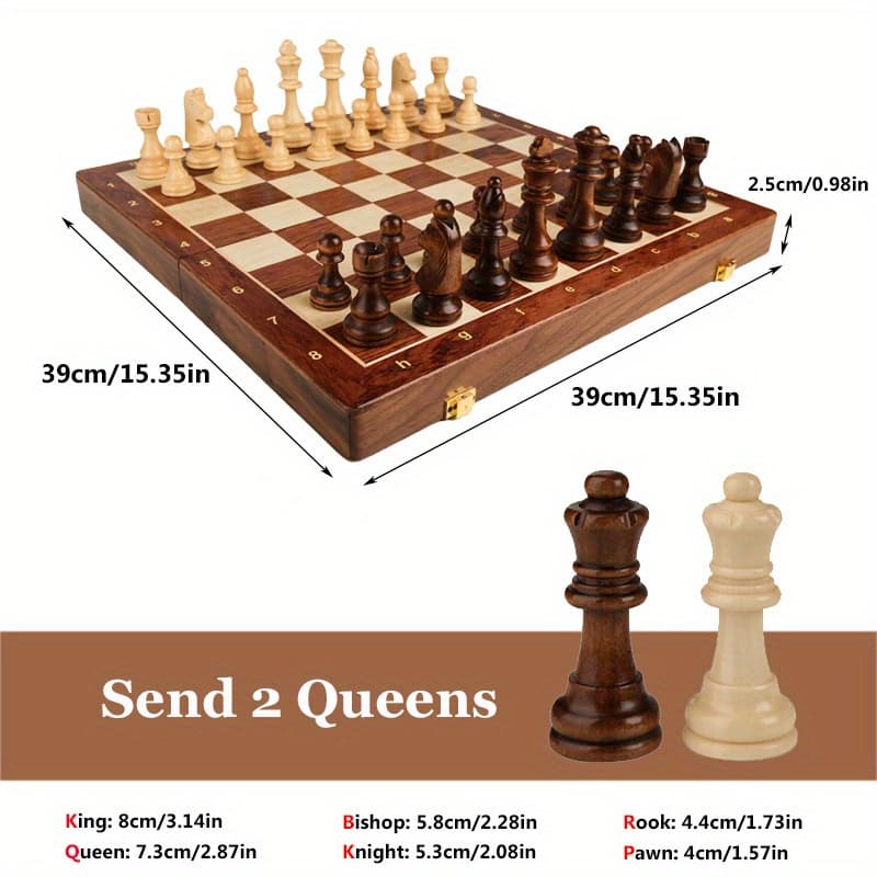 TEMU 38.1cm X 38.1cm/15" X 15" Chess Solid Wood Large Premium Folding Set, Chess Pieces Solid Wood, Checkerboard Walnut, Internal Storage Box