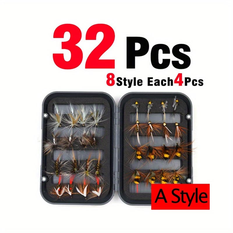 TEMU 32pcs/box Premium Trout Nymph Fly Fishing Lure Set - Dry/wet Flies, Nymphs, And Ice Fishing Lures - Artificial Bait With Durable Box - Perfect For Outdoor Fishing Tackle