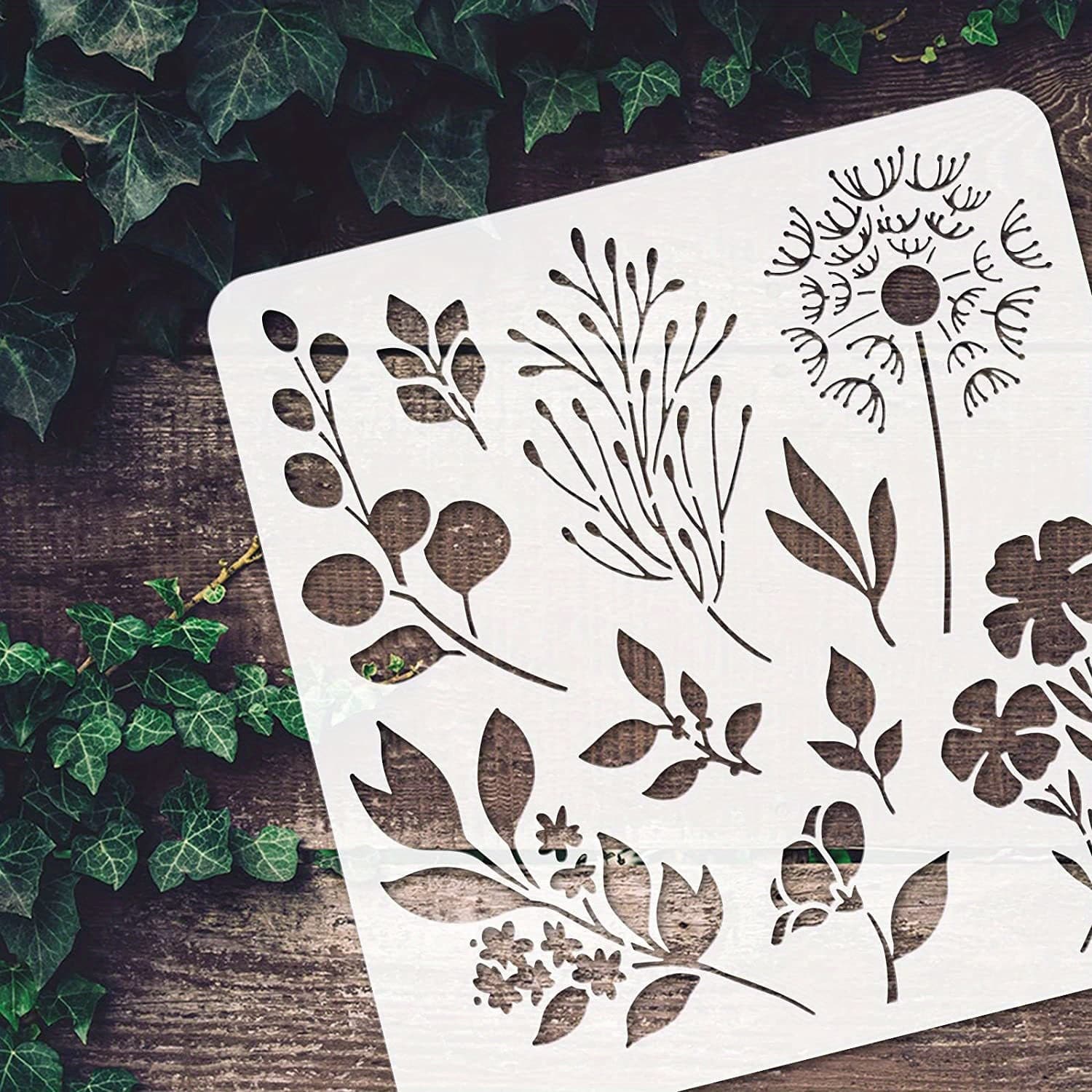 TEMU 1pc Spring Flowers Stencil 11.8x11.8in Reusable Flourish Leaf Stencils Wildflower Plants Drawing Stencil Dandelion Pattern Template For Painting On Wall, Wood, Furniture And Paper