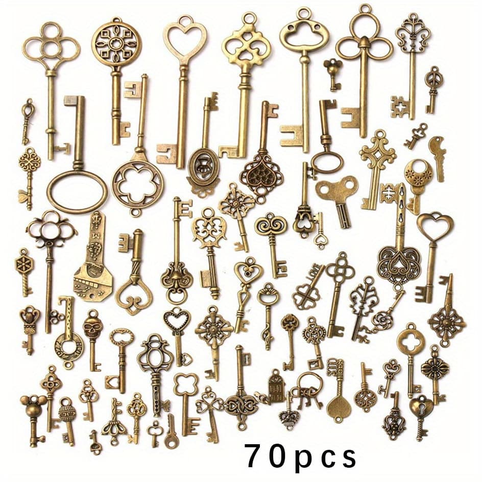 TEMU 70pcs Vintage Skeleton Key Set Pendant Mixed Antique Style Bronze Set Charms For Pendant Making Wedding Party Favors