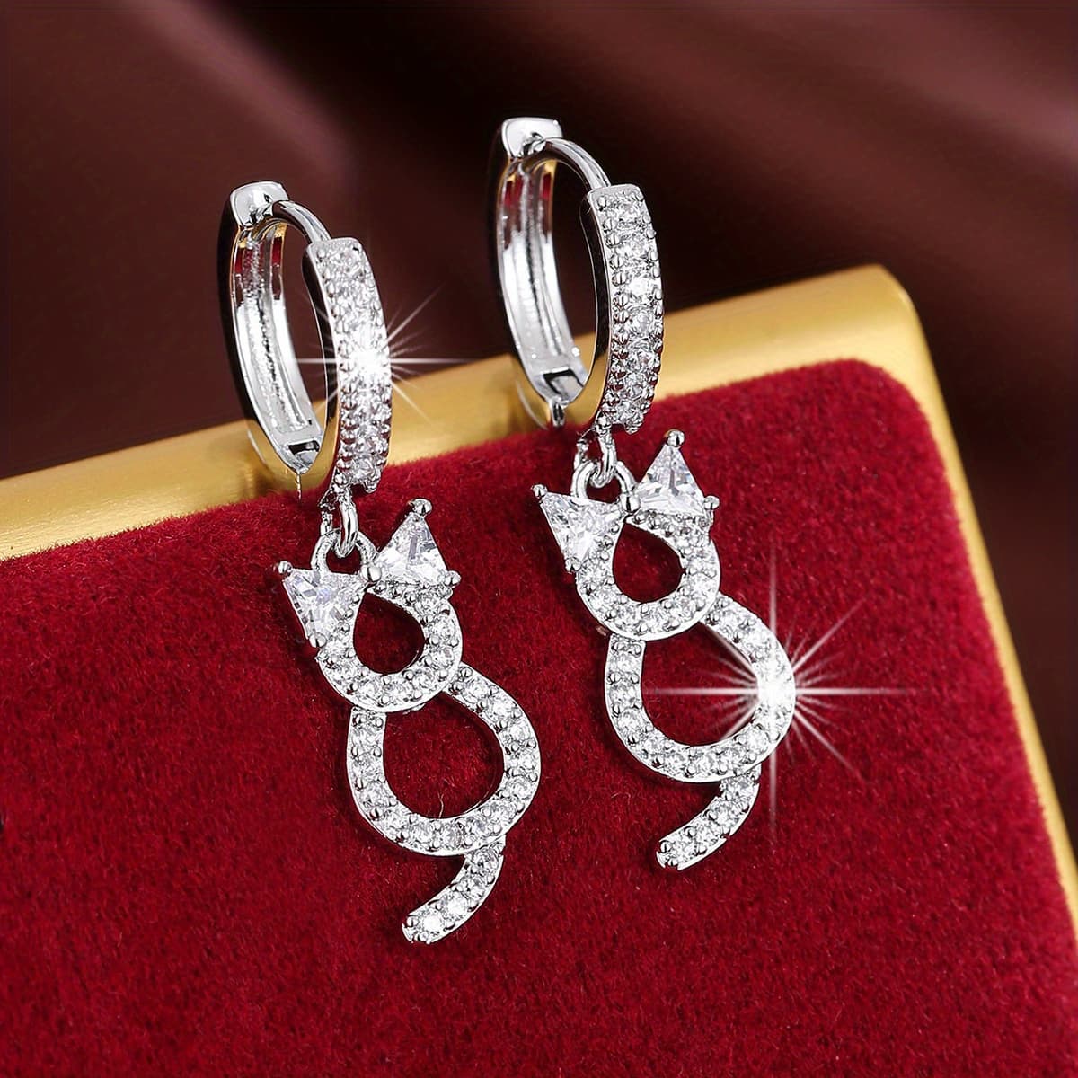 TEMU Hollow Cat With Sparkling Zirconia Decor Dangle Earrings Minimalist Style Copper 18k Gold Plated Jewelry Female