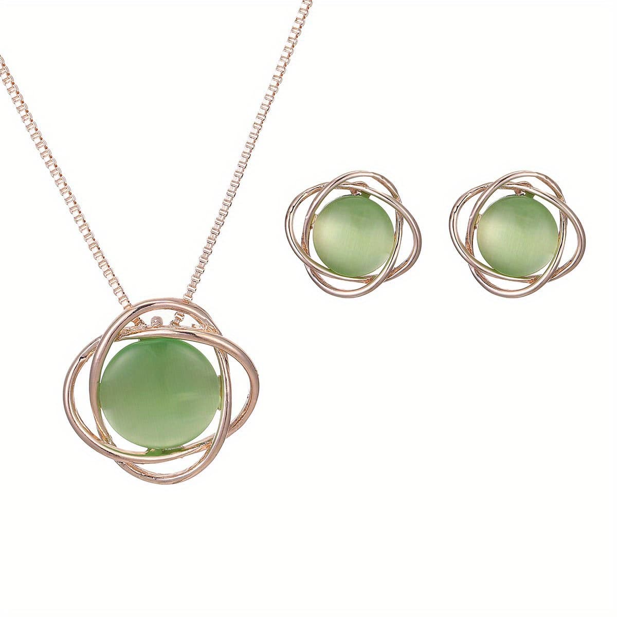 TEMU Women's Fashion Minimalist Geometric Double Oval 3d Rotating Necklace And Earrings Jewelry Set With Round Pendant And Studs, Perfect For Parties And Birthdays, Gift Accessories