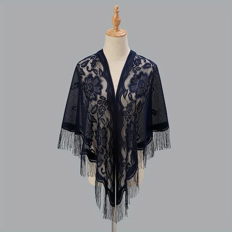 TEMU Flower Embroidery Tassel Scarf Solid Color Hollow Shawl Outdoor Sunscreen Travel Head Wrap Hair Accessories