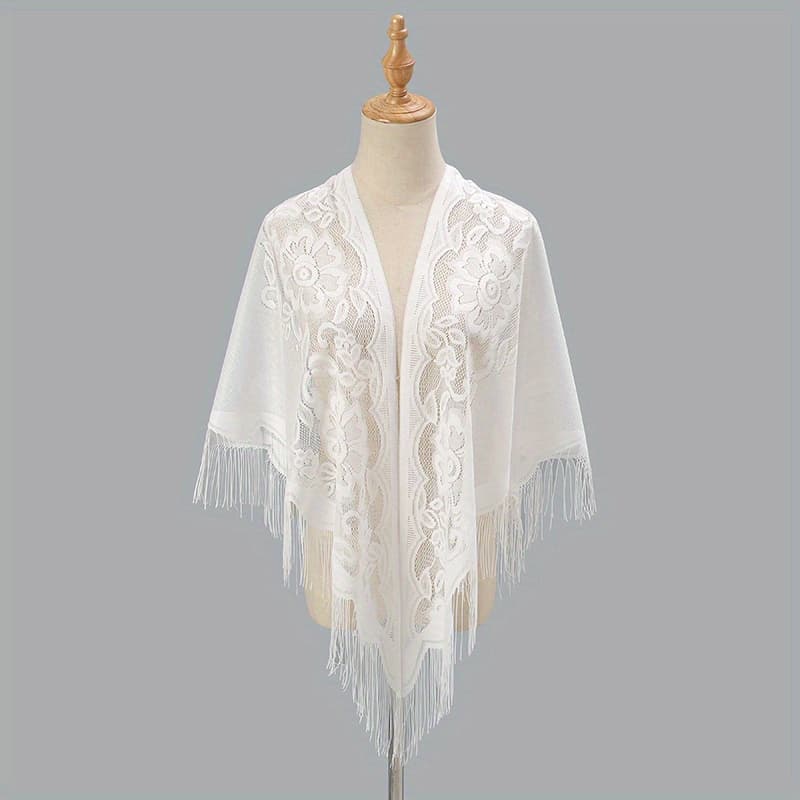 TEMU Flower Embroidery Tassel Scarf Solid Color Hollow Shawl Outdoor Sunscreen Travel Head Wrap Hair Accessories