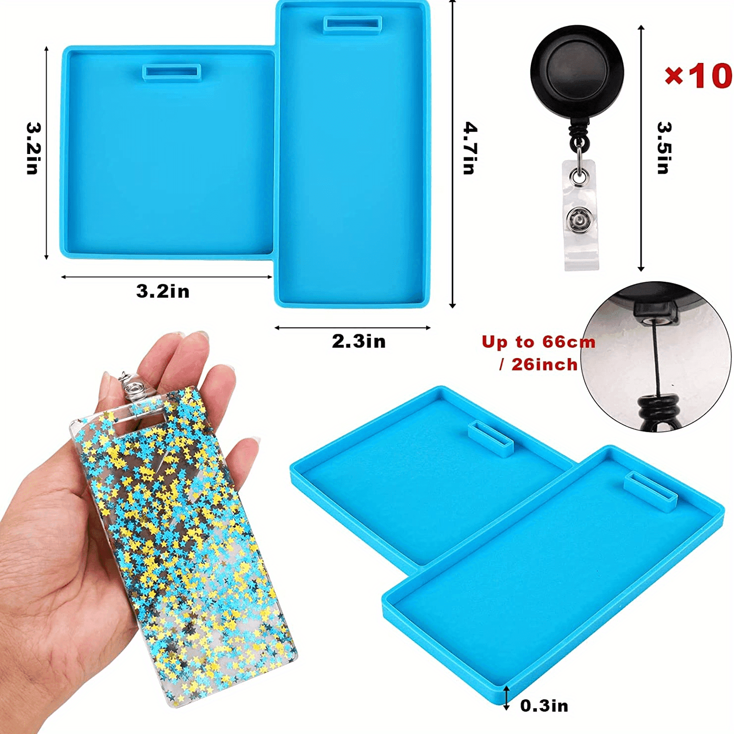 TEMU Resin Molds Silicone Id Card Holder, Epoxy Casting Mold For Id Badge Holder With 10pcs Id Badge Reel Clip