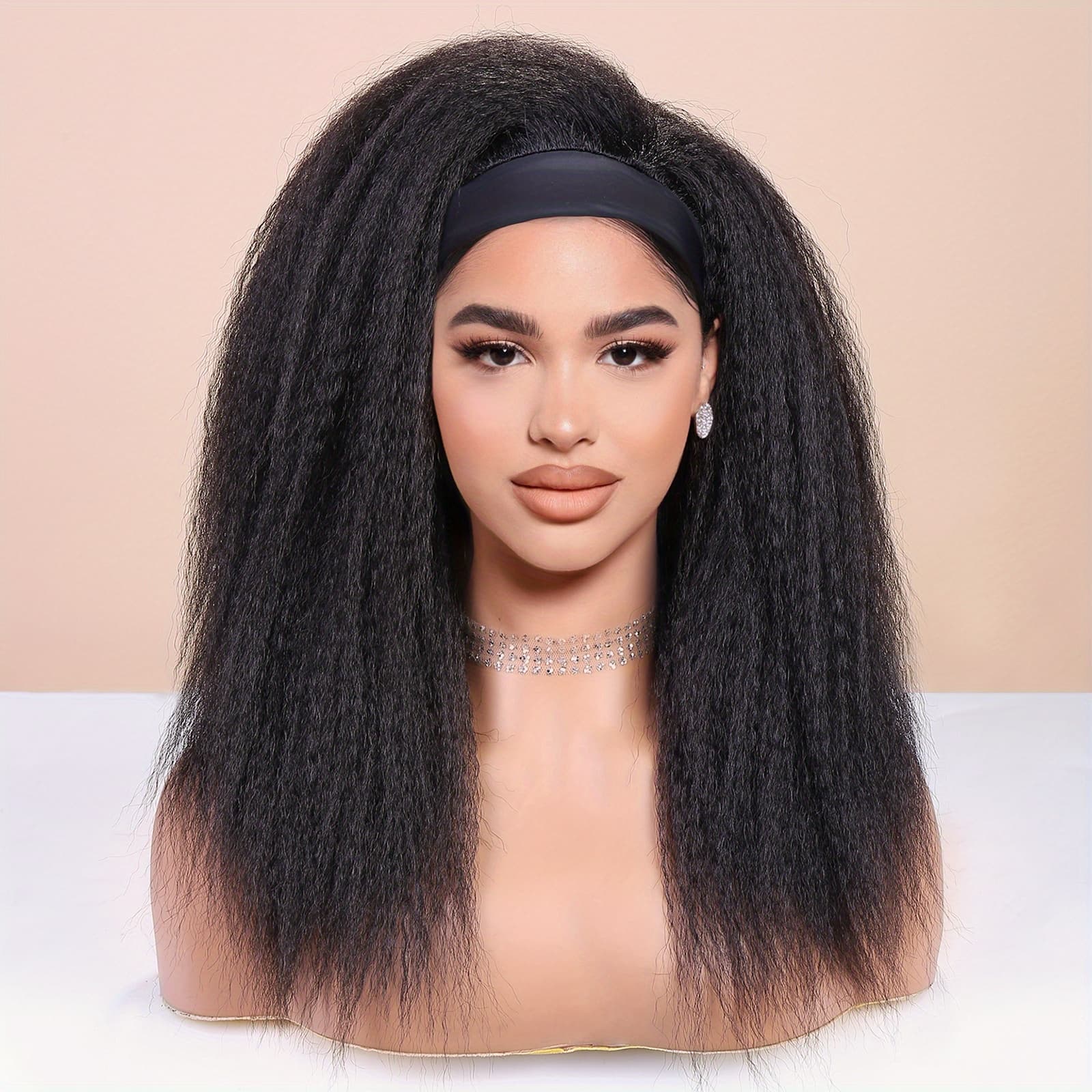 TEMU 18-inch Kinky Straight Headband Wig For Women, Straight Wigs Featuring A Black Headband, Kinky Afro Wigs Designed For Women