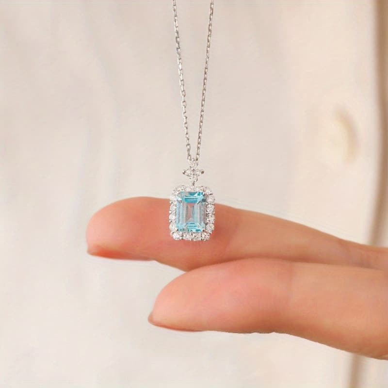 TEMU Ocean Blue Synthetic Zirconia Necklace Elegant Women's Pendant Minimalist Fashion Jewelry Accessory